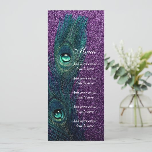 Elegant Blauwgroen Blauw Paarse Peacock Bruiloft Menu (Staand voorkant)