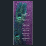 Elegant Blauwgroen Blauw Paarse Peacock Bruiloft Menu<br><div class="desc">Mooie levendige paarse glitter achtergrond met elegant blauwgroen blauw pauwenveer bruiloft menu en receptie kaart. Deze elegante blauwgroen blauw en paarse pauw bruiloft uitnodiging is gemakkelijk aangepast voor uw evenement. U kunt het afbeelding op de achtergrond aan de achterkant verwijderen als u uw eigen effen achtergrondkleur wilt kiezen, zoals blauwgroen...</div>