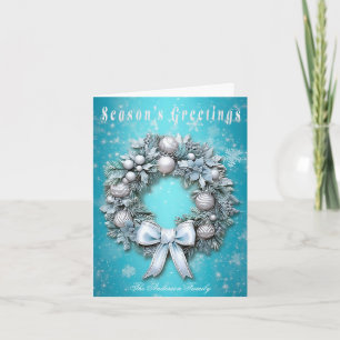 Elegant Blauwgroen Blauw & Zilveren Krans Kerstmis Feestdagen Kaart