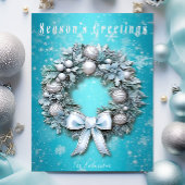 Elegant Blauwgroen Blauw & Zilveren Krans Kerstmis Feestdagenkaart