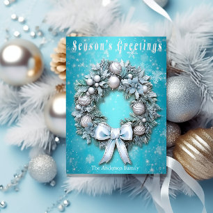 Elegant Blauwgroen Blauw & Zilveren Krans Kerstmis Feestdagenkaart