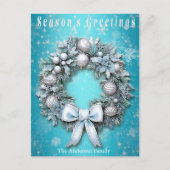 Elegant Blauwgroen Blauw & Zilveren Krans Kerstmis Feestdagenkaart (Voorkant)