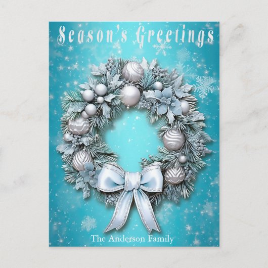 Elegant Blauwgroen Blauw & Zilveren Krans Kerstmis Feestdagenkaart (Voorkant)