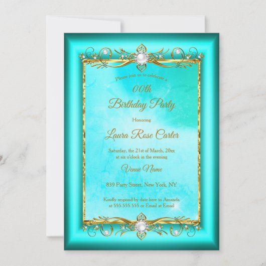 Elegant blauwgroen blauwe goudfoto Birthday Party Kaart (Voorkant)