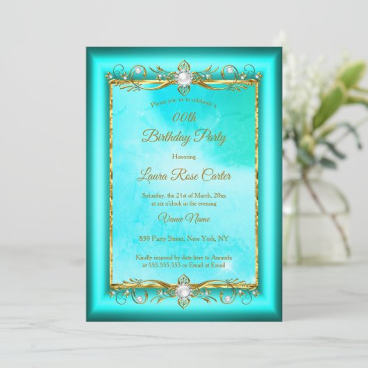 Elegant blauwgroen blauwe goudfoto Birthday Party Kaart (Staand voorkant)