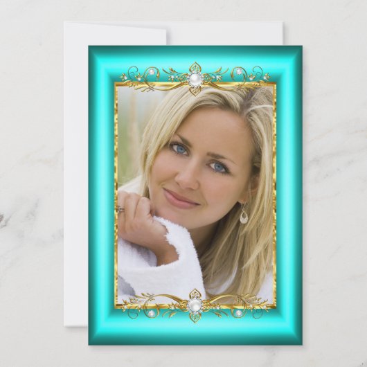 Elegant blauwgroen blauwe goudfoto Birthday Party Kaart (Achterkant)
