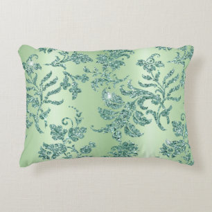 Elegant  Blauwgroen Bloemen Zilver Gilitter Design Accent Kussen