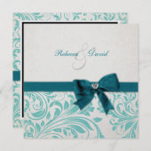 Elegant Blauwgroen Blue and White Damask Wedding Kaart (Voorkant / Achterkant)