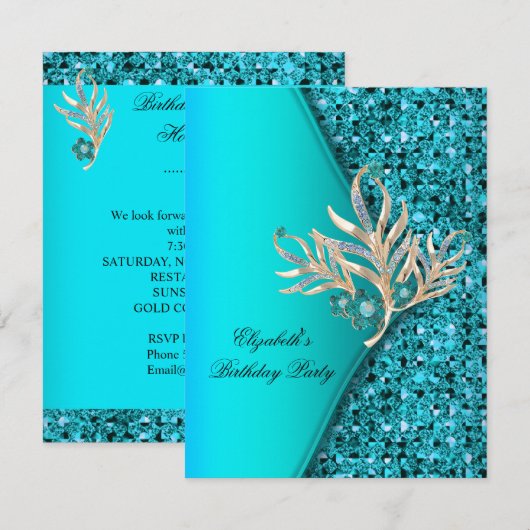 Elegant Blauwgroen Blue Aqua Glitter Birthday Part Kaart (Voorkant / Achterkant)