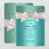 Elegant Blauwgroen Blue Birthday Party Damask Crea Kaart (Voorkant / Achterkant)