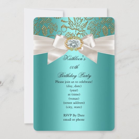 Elegant Blauwgroen Blue Birthday Party Damask Crea Kaart (Voorkant)