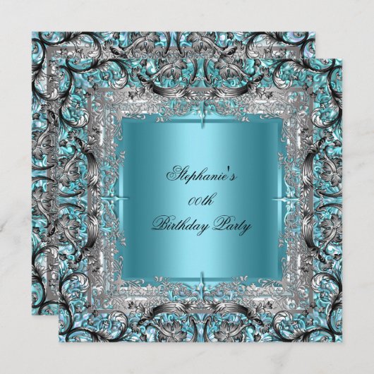 Elegant Blauwgroen Blue Birthday Party Silver Blac Kaart (Voorkant / Achterkant)