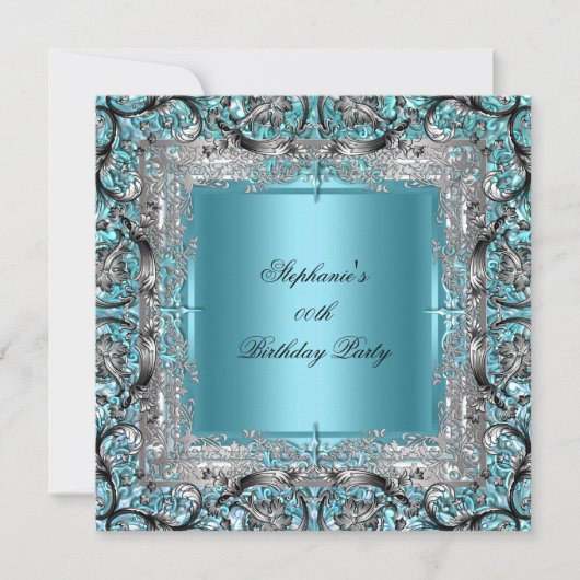 Elegant Blauwgroen Blue Birthday Party Silver Blac Kaart (Voorkant)