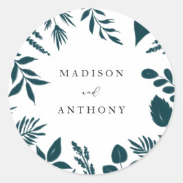 Elegant Blauwgroen Blue Botanical Wedding Ronde Sticker