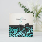 Elegant Blauwgroen Blue Damask met diamantstrik Kaart (Staand voorkant)