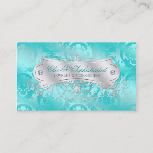 Elegant Blauwgroen Blue Damask Swirl Visitekaartje (Voorkant)