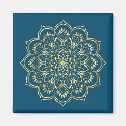 Elegant Blauwgroen Blue en Gold Floral Mandala Pat Magneet (Voorkant)