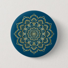 Elegant Blauwgroen Blue en Gold Floral Mandala Pat Ronde Button 5,7 Cm