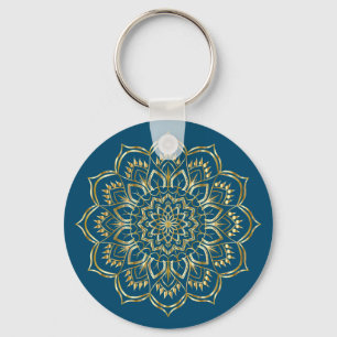 Elegant Blauwgroen Blue en Gold Floral Mandala Pat Sleutelhanger