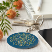 Elegant Blauwgroen Blue en Gold Floral Mandala Pat Sleutelhanger (Zijkant)