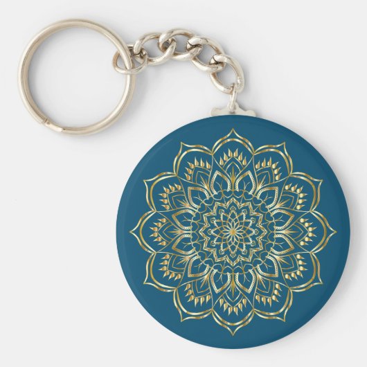 Elegant Blauwgroen Blue en Gold Floral Mandala Pat Sleutelhanger (Voorkant)