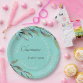 Elegant Blauwgroen Blue Eucalyptus Waterverf Birth Papieren Bordje (Feest)