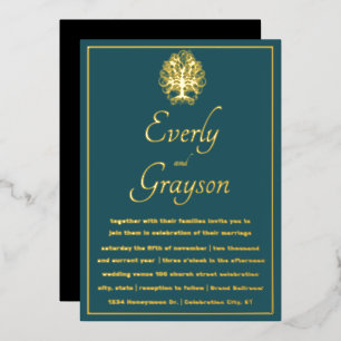 Elegant Blauwgroen Blue Forest Grove Gold Wedding Folie Uitnodiging