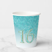 Elegant Blauwgroen Blue Glitter Sweet 16 Birthday Papieren Bekers (Achterkant)