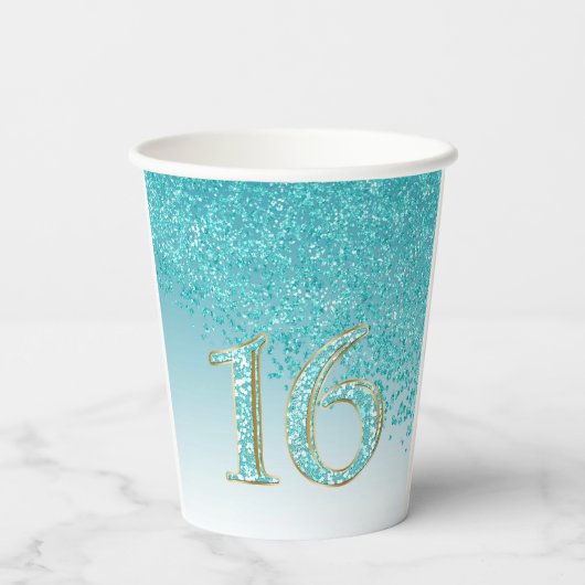 Elegant Blauwgroen Blue Glitter Sweet 16 Birthday Papieren Bekers (Achterkant)