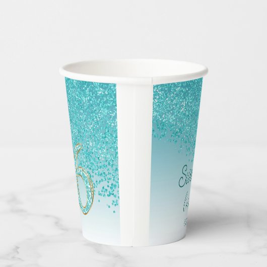 Elegant Blauwgroen Blue Glitter Sweet 16 Birthday Papieren Bekers (Rechts)