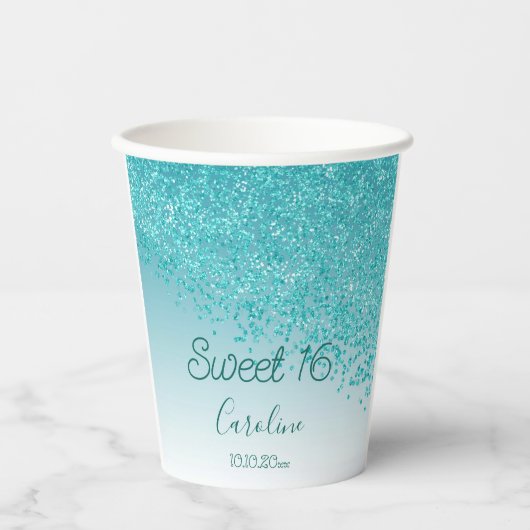 Elegant Blauwgroen Blue Glitter Sweet 16 Birthday Papieren Bekers (Voorkant)