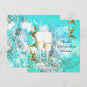 Elegant Blauwgroen Blue Gold Birthday Champagne Kaart (Voorkant / Achterkant)