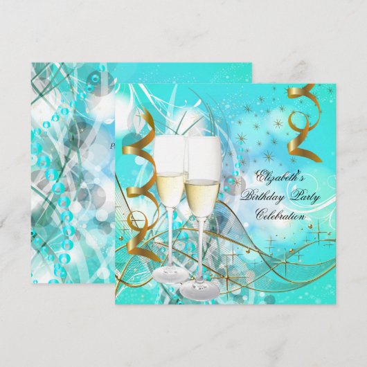 Elegant Blauwgroen Blue Gold Birthday Champagne Kaart (Voorkant / Achterkant)