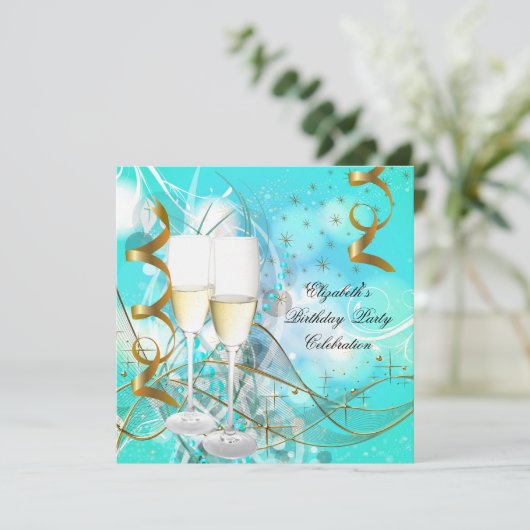 Elegant Blauwgroen Blue Gold Birthday Champagne Kaart (Staand voorkant)