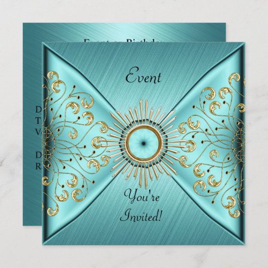 Elegant Blauwgroen Blue Gold Event Party Kaart (Voorkant / Achterkant)