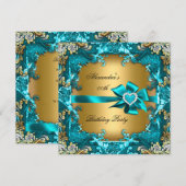Elegant Blauwgroen Blue Gold Floral Birthday Party Kaart (Voorkant / Achterkant)