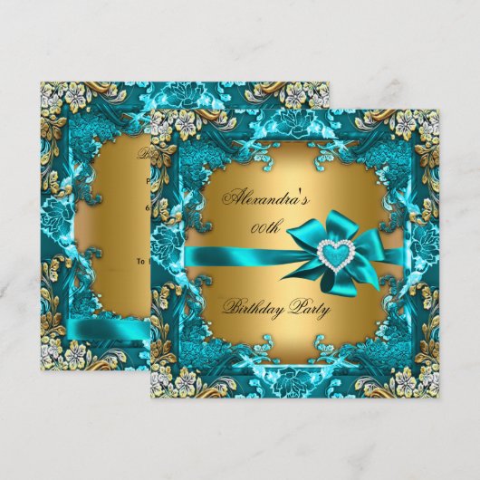 Elegant Blauwgroen Blue Gold Floral Birthday Party Kaart (Voorkant / Achterkant)