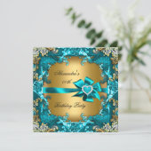Elegant Blauwgroen Blue Gold Floral Birthday Party Kaart (Staand voorkant)