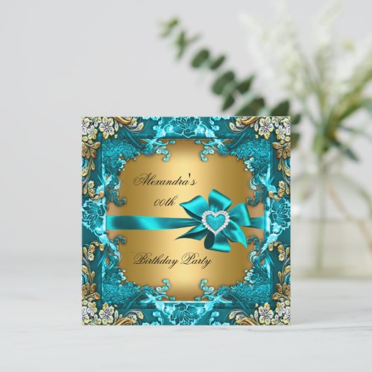 Elegant Blauwgroen Blue Gold Floral Birthday Party Kaart (Staand voorkant)
