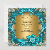 Elegant Blauwgroen Blue Gold Floral Birthday Party Kaart (Achterkant)