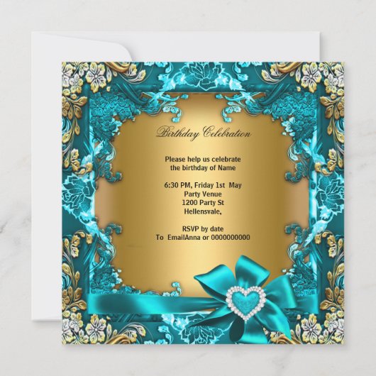 Elegant Blauwgroen Blue Gold Floral Birthday Party Kaart (Achterkant)