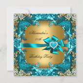 Elegant Blauwgroen Blue Gold Floral Birthday Party Kaart (Voorkant)