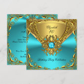Elegant Blauwgroen Blue Jewel Gold Birthday Party Kaart (Voorkant / Achterkant)