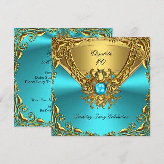 Elegant Blauwgroen Blue Jewel Gold Birthday Party Kaart (Voorkant / Achterkant)