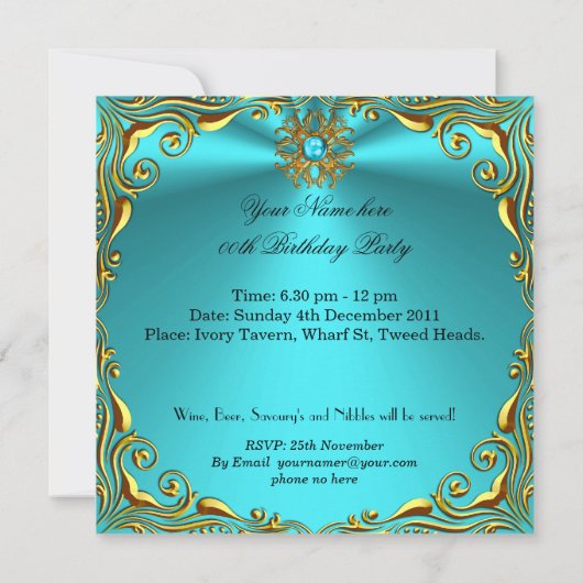Elegant Blauwgroen Blue Jewel Gold Birthday Party Kaart (Achterkant)
