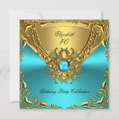 Elegant Blauwgroen Blue Jewel Gold Birthday Party Kaart (Voorkant)