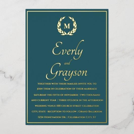 Elegant Blauwgroen Blue Laurel Wreath Wedding Folie Uitnodiging (Voorkant)