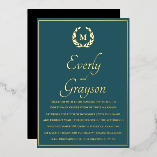 Elegant Blauwgroen Blue Laurel Wreath Wedding Folie Uitnodiging (Voorkant / Achterkant)