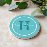 Elegant Blauwgroen Blue Round Custom Monogram Init Zandsteen Onderzetter<br><div class="desc">Elegant rond gepersonaliseerd ontwerp van het onderzetter van de drink van de drank kenmerkt een klassiek initiaal van het douanesorif monogram in een blauwgroen groene blauwe kleur met uw familienaam in modern wit calligrafiemanuscript tegen een aqua blauwe gekleurde achtergrond. Een eenvoudige witte cirkel lijst het ontwerp. Het kleurenschema kan worden...</div>