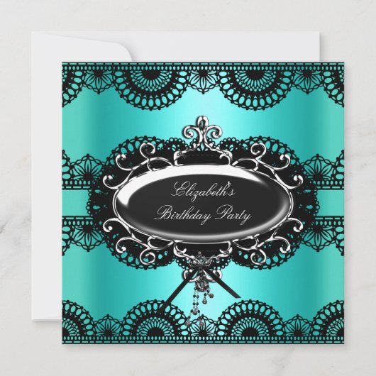 Elegant Blauwgroen Blue Silver Lace Birthday Kaart (Voorkant)